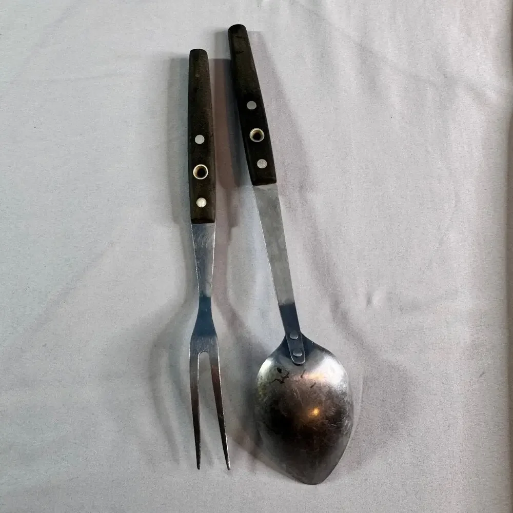 Vintage Flint Japan Stainless Steel Serving Spoon Fork Set Wood Handle MCM